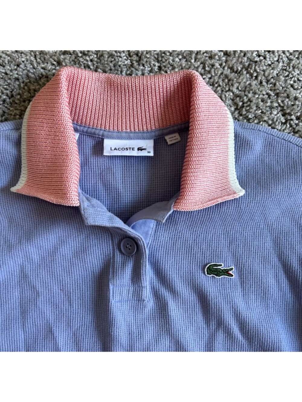 Lacoste Lavender Knit Polo with Pink Collar and Yellow Stripe - Picture 4 of 11